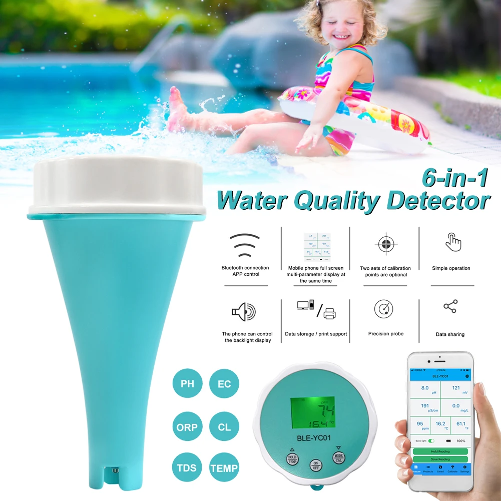 

Swimming Pool Water Analyzer 6 In 1 PH Chlorine EC PH/TDS/EC/CL/ORP/Temp Mete For Spa Pool Water With Bluetooth App