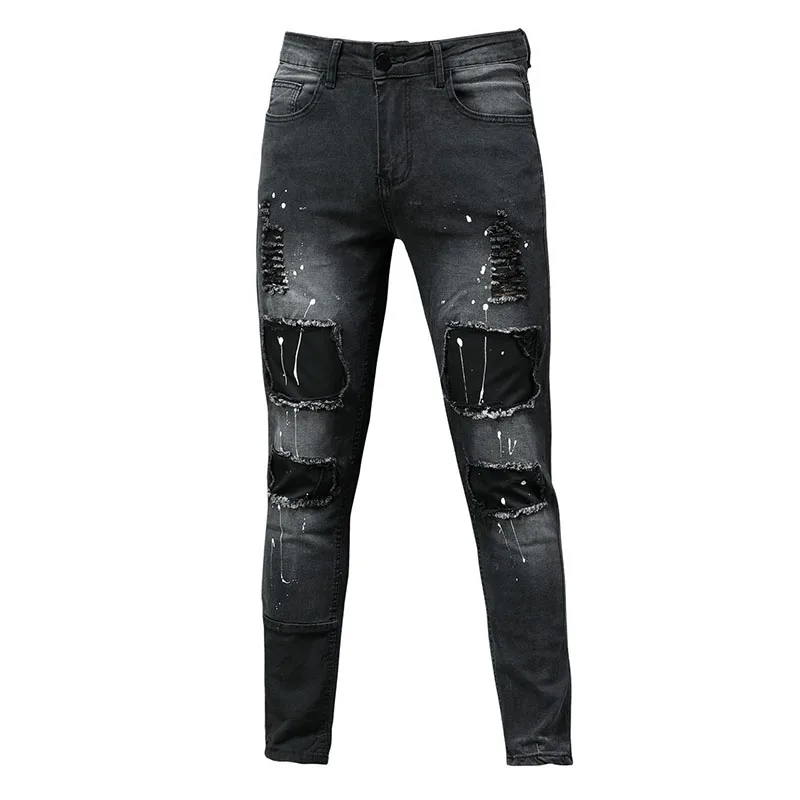 Men Painted Stretch Skinny Jeans Slim Fit Ripped Distressed Pleated Knee Patch Denim Pants Brand casual trousers for men