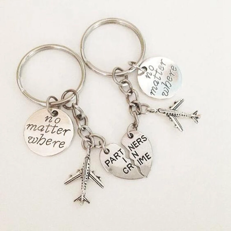 

No Matter Where Keychains Partners In Crime Heart Keyring Aircraft Compass Couple Key Chains BFF Friendship Best Friend Jewelry