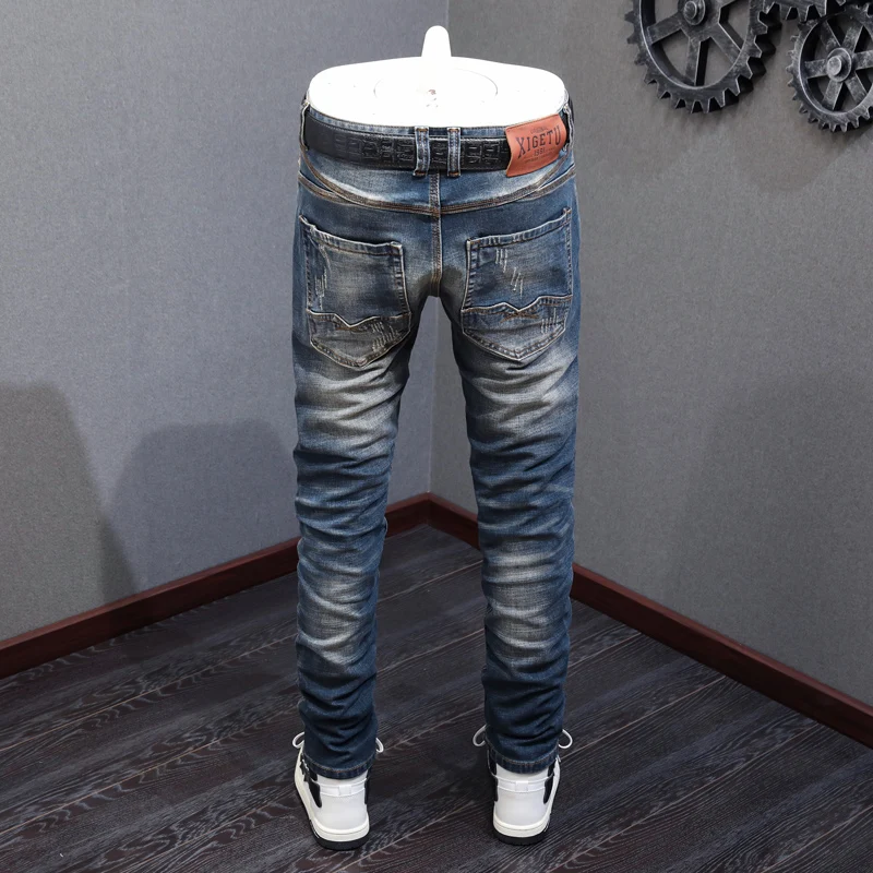 Newly Designer Fashion Men Jeans High Quality Retro Blue Elastic Slim Fit Ripped Jeans Men Trousers Vintage Denim Pants Hombre