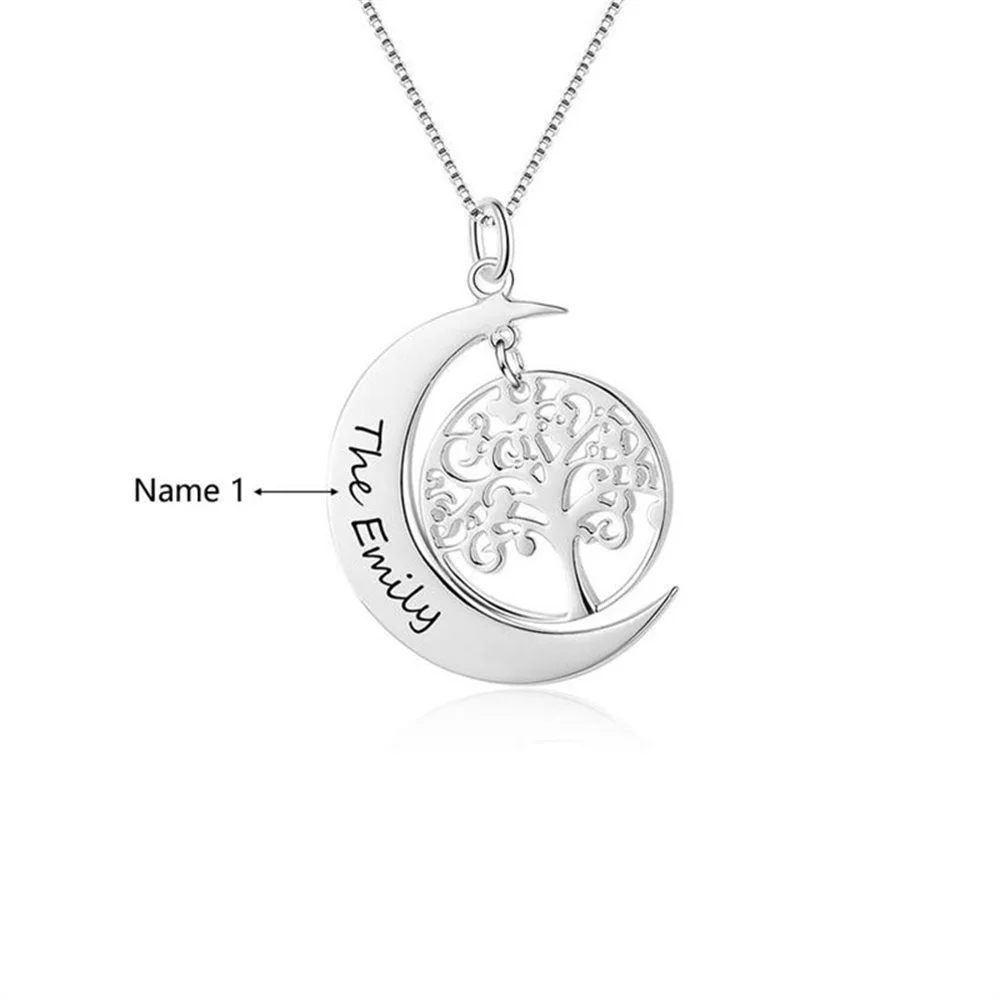 Personalized Carved Name Necklace Moon Shaped Tree Of Life Custom Sterling Silver Necklace And Pendant Custom Necklace