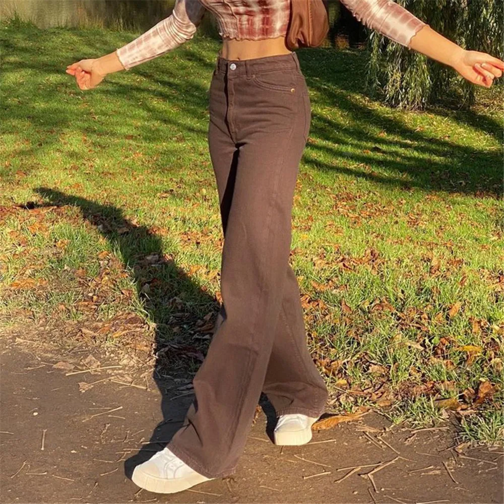 

Джинсы женские прямые с завышенной талией, модные повседневные брюки для покупок и свиданий, коричневые/хаки/бежевые, стандартный размер, в...