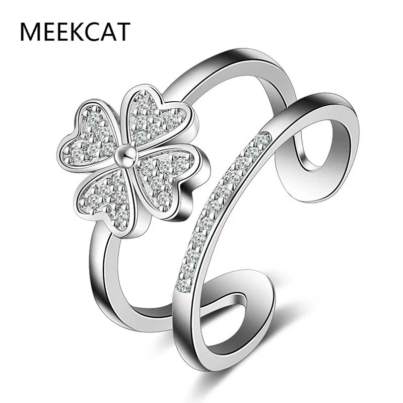

925 Sterling Silver Rings For Women Mosaic CZ Zirconia Lucky Four Leaf Clover Multi-layer Resizable Rings Bague S-R193