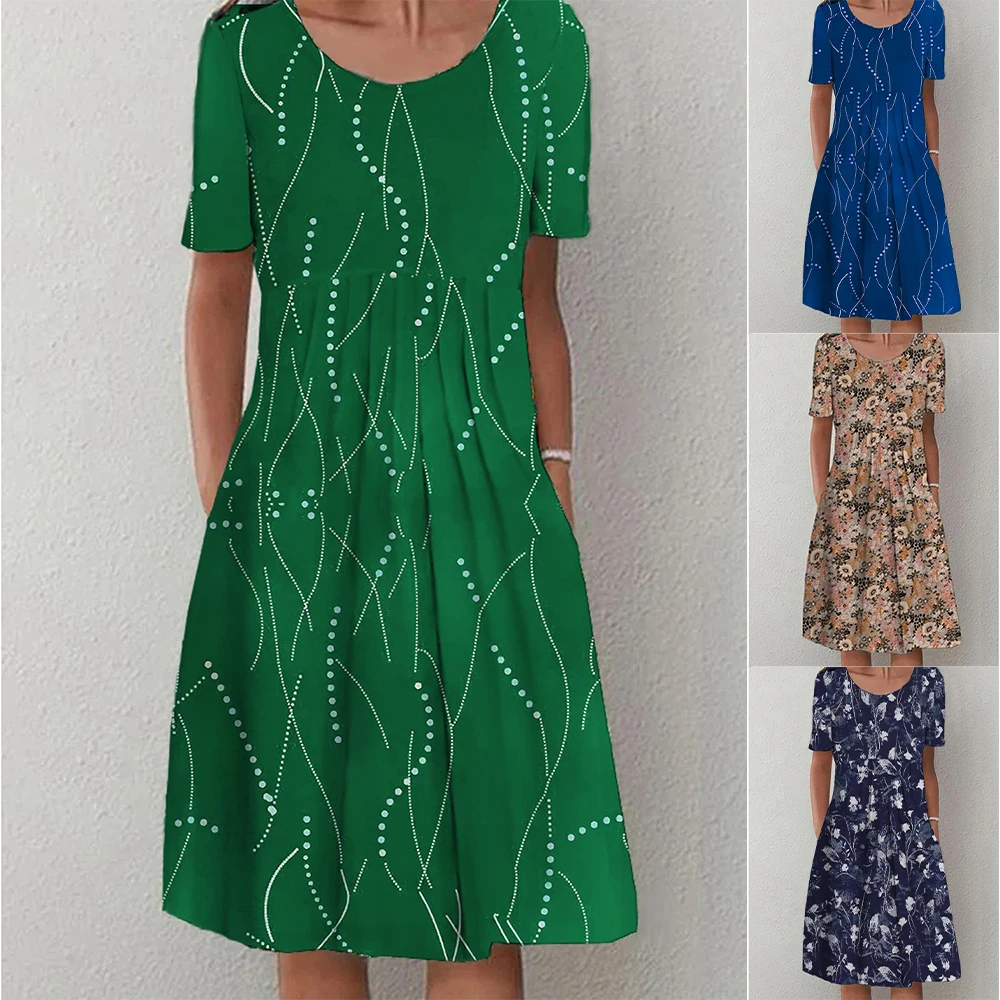 

Женское платье с цветочным принтом, коротким рукавом и круглым вырезом