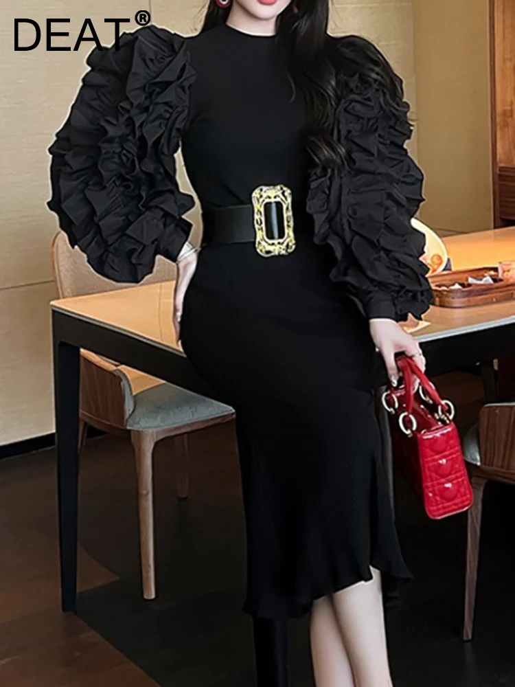 

Женское Трикотажное вечернее платье [DEAT], черное облегающее платье с круглым вырезом и пышными рукавами, в стиле пэчворк, лето 2023, новинка ...