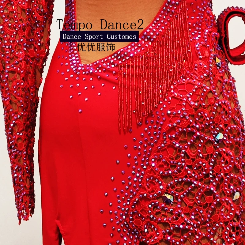 Женское красное платье для латиноамериканских танцев танцевальное конкурсов
