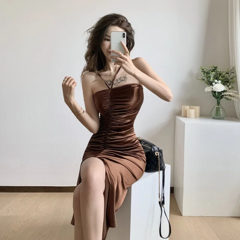 

2023 Summer New Fashion Temperament All-match Casual Evening Dress Women's Slim Pleated Sling Bag Hip Dress