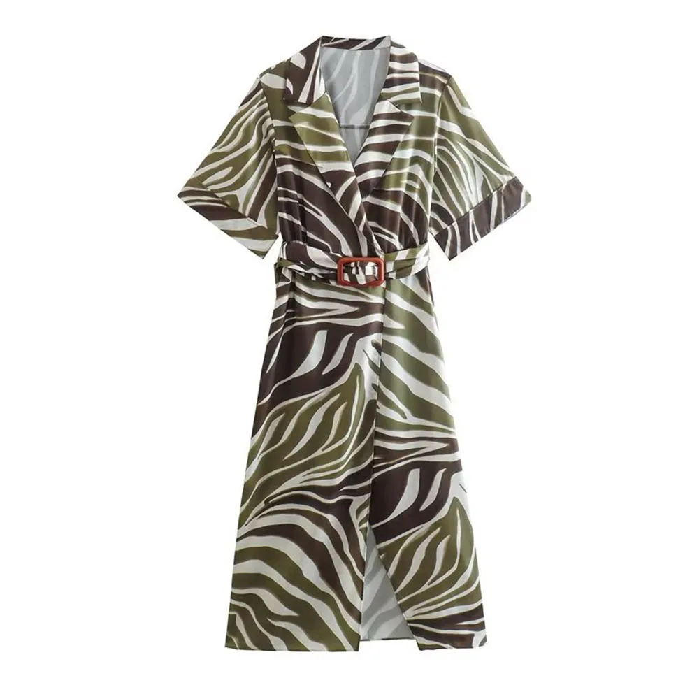 

2022 Early Fall Women's Fashion Chic Animal Print Shirt Dress Retro Sexy Satin Slit Loose Midi Dress