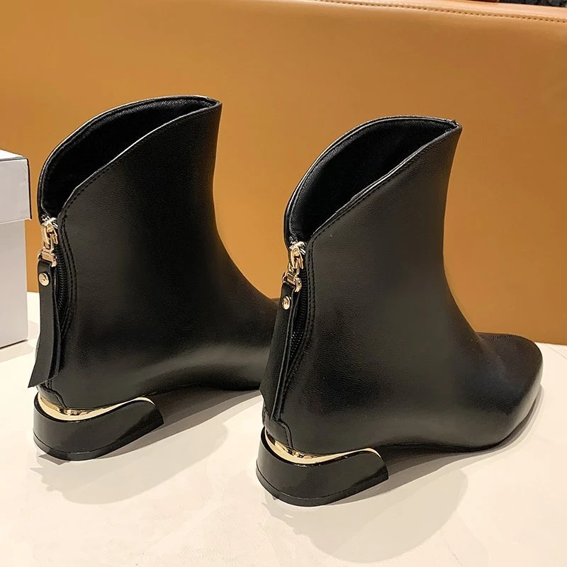 Women's pointed toe rear zipper ankle boots thick sole women's high heels square heel fleece boots 2022 autumn and winter new