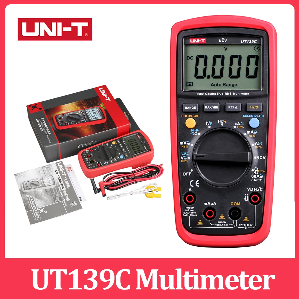 UNI-T UT139C Multimeter Cable Amperímetro Amper Auto Range True RMS Multi Meter 6000 Counts Voltmeter Temperature Tester