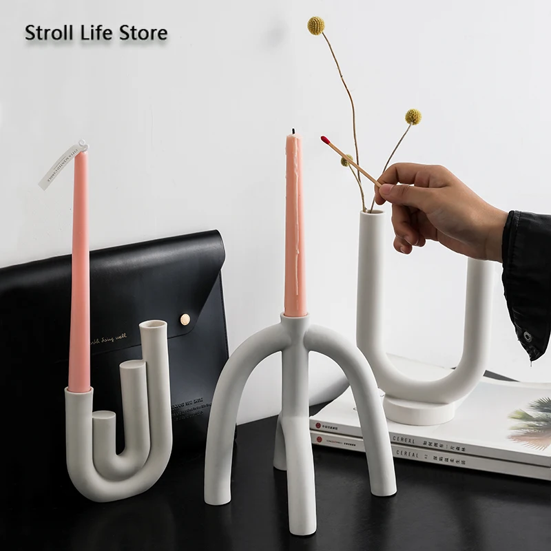nordic creative ceramic candlestick white candle holders water pipe modern living room candle stand home ornament gift fc455 free global shipping