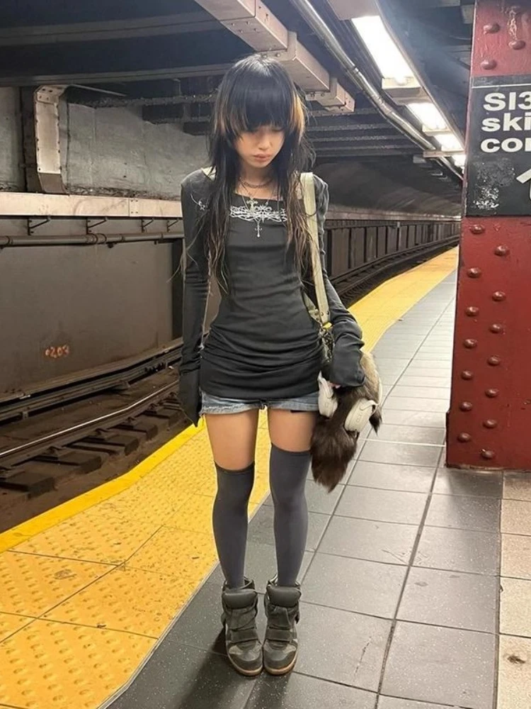 Женская винтажная футболка в стиле гранж HOUZHOU