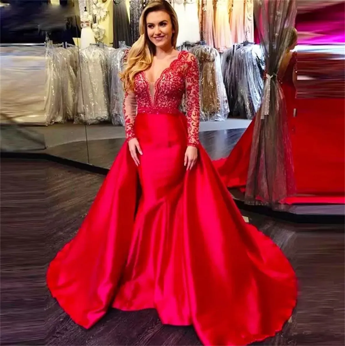 

2023 V-Neck Red Long Sleeve Mermaid Dress Sweep Train Elastic Satin Prom Dresses Beading Lace Evening Gowns فساتين مناسبة رسمية