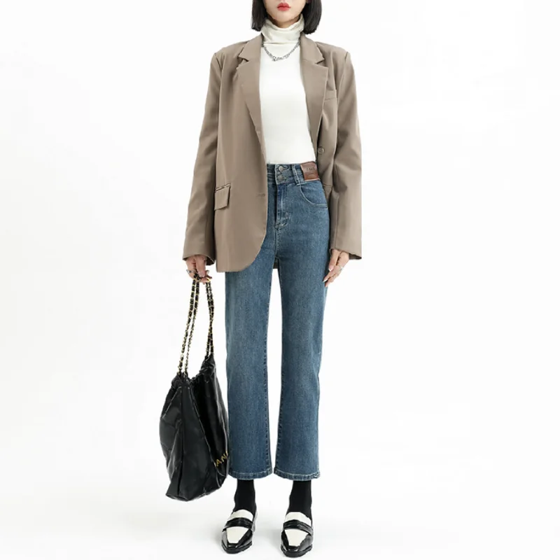 2023 Korean version of new high-waisted slim high-elastic cigarette pants Fleece-lined Jeans for Women  Trousers High Waist Jean