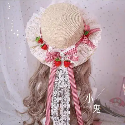 

Lolita Lace Straw Hat Summer Plaid Pastoral Strawberry Bow Cap Young Girls Country
