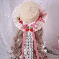 lolita lace straw hat summer plaid pastoral strawberry bow cap young girls