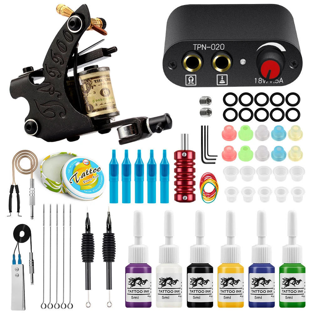 

PHOENIXY Beginner Tattoo Machine Kit With Power Supply Makeup Kit With Cartridge Needles 6 Colors Inks Tattoo Body Art Tools Kit