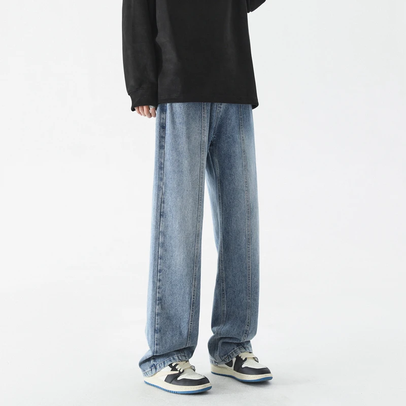 CAAYU New Korean Fashion Jeans Men's Hip Hop Classic Japanese Streetwear Straight-leg Denim Wide-leg Pants Male Black Gray Jeans