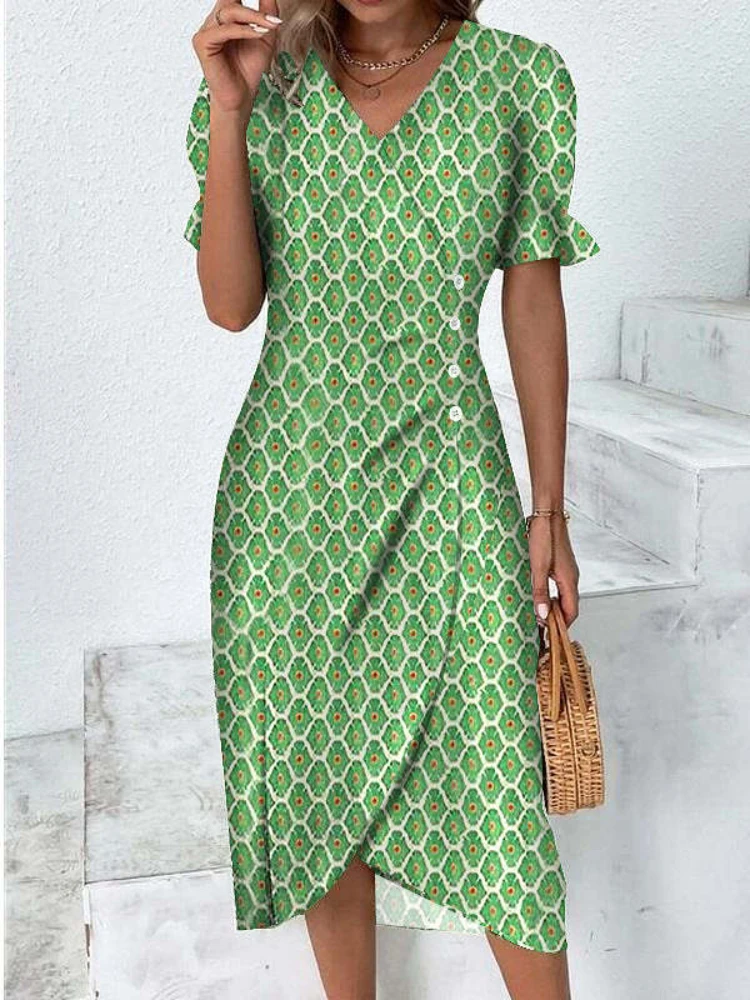 

Women Summer Irregular Print Short Dress Elegant Casual Fashion Office Lady Bodycon Slim V Neck High Waist Pullover Mini Dress