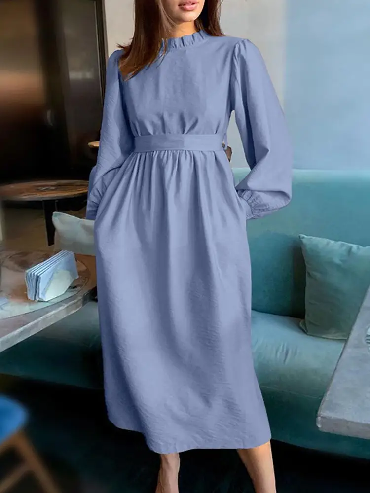 

Женские вечерние платья большого размера, повседневное однотонное платье миди ZANZEA с пышными рукавами и поясом, сарафан-трапеция на весну 2022