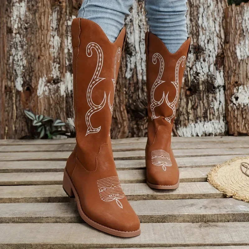 

Female Shoes on Sale 2023 New Sleeve Women's Boots Winter Square Toe Embroidery Solid High Tube Low Heel Western Boots Zapatos