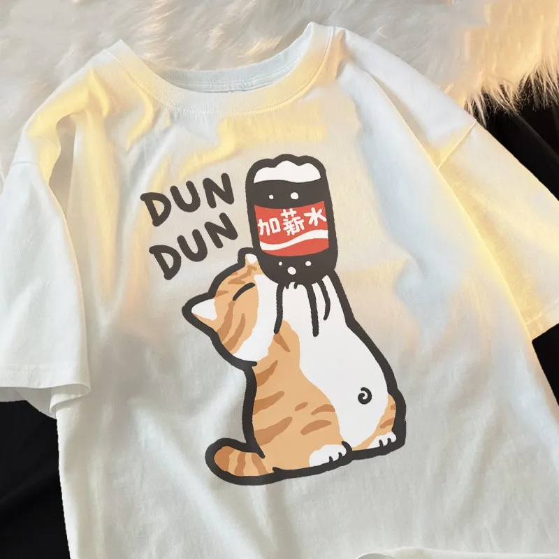 

Cute Kitten Drink Water Funny Printed Cotton T-shirt Men Oversized Loose Casual Fashion Instagram Niche Brand Woman High Quality