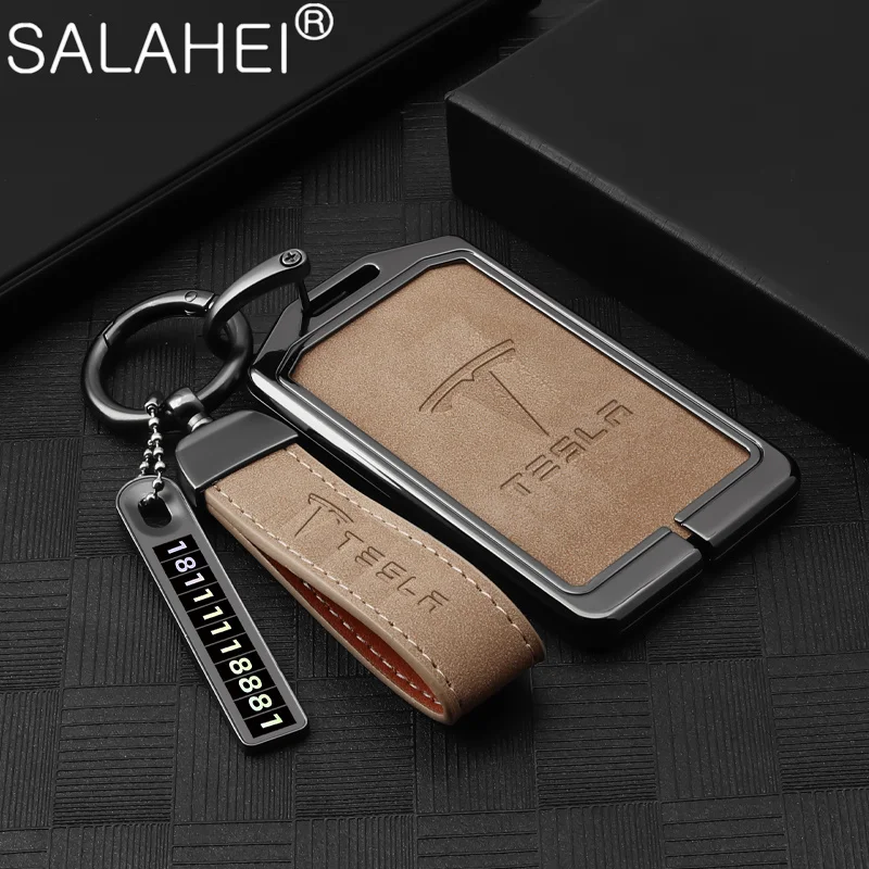 

Zinc Alloy Leather Car Smart Remote Key Fob Case Cover Bag For Tesla Model 3 Y Keychain NFC Card Keyless Keychain Accessories