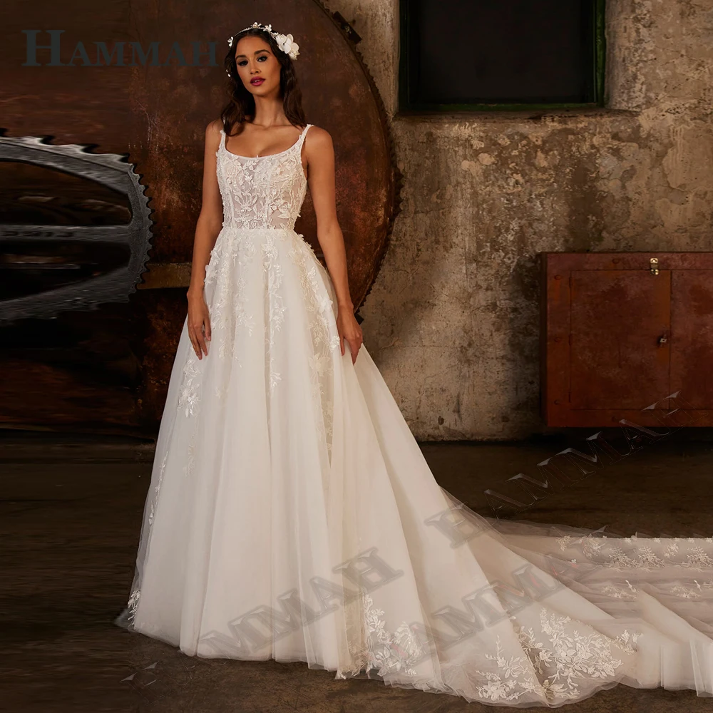 

HAMMAH Glamorous A Line Wedding Dresses For Mariages Tank Sleeveless Vintage Brush Train Appliques Backless Robe De Mariée