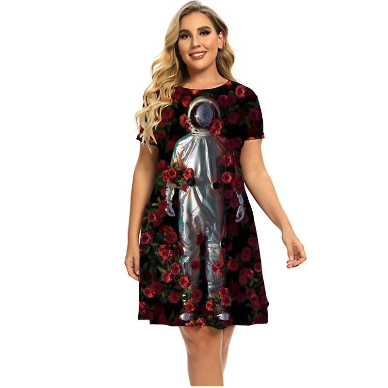 

Женское платье с принтом в виде роз и астронавта, повседневное модное Свободное платье с коротким рукавом и круглым вырезом, 2022