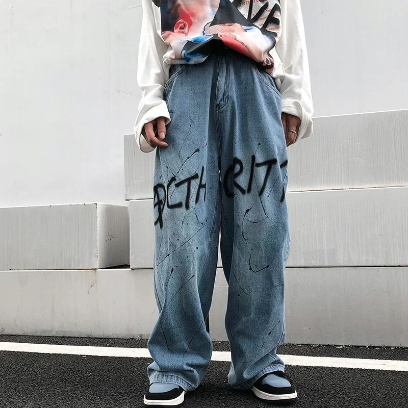DEEPTOWN Straight Graffiti Jeans Men Streetwear Hip Hop Denim Pants Male Loose Punk Trousers Fashion Casual Letter Black Blue