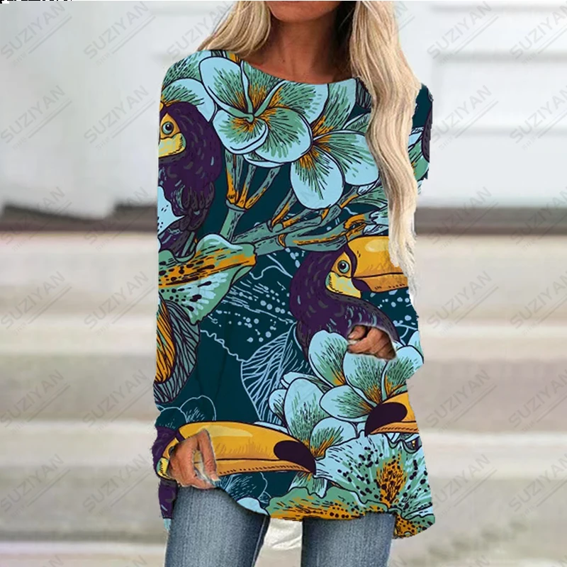 

2023 New Hot Selling Fashion Women's Raglan Sleeve Dress Temperament Dark Retro 3D Printing Round Neck Long Sleeve Women's Top