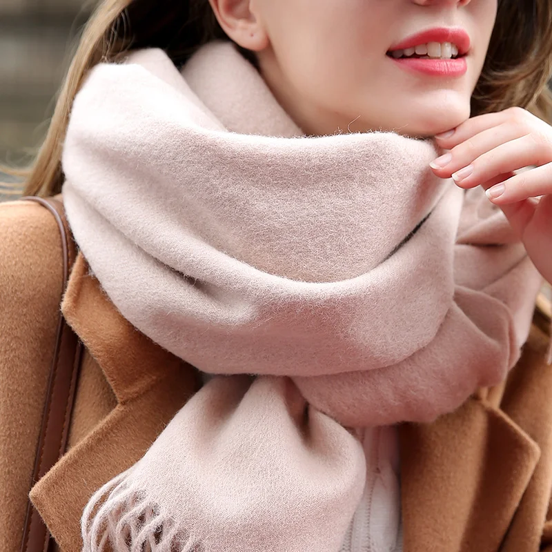 

New 100% Pure Wool Scarf Neck Women Warmer Beige Echarpe Wraps With Tassel Fine Cashmere Scarves For Ladies Large Foulard Femme