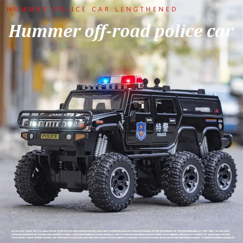 1/32 Hummer 6*6 Big Tyre Alloy Car Model Modified Police Off-road Vehicles Diecasts Metal Toy Car Model Sound Light Kids Gifts