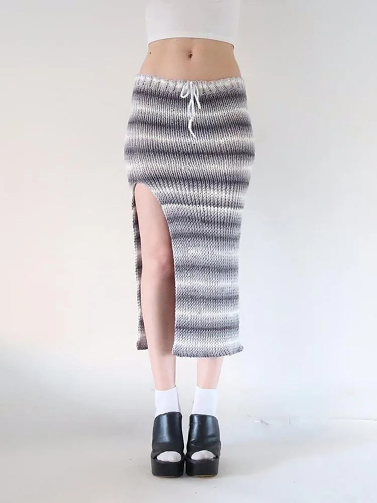 

Женская шерстяная юбка в полоску, с разрезом, контрастных цветов