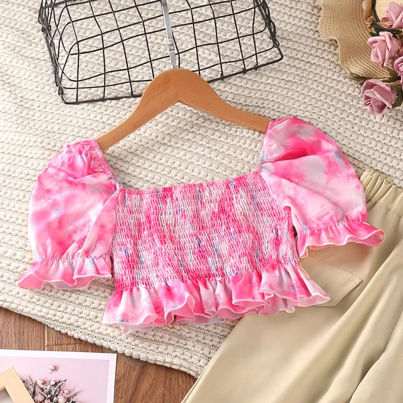

Summer 2022 New Fashion Children's Clothing Teenager Girls Puff Sleeve Top+Solid Color Long Pants 2Pcs Outfit Set Kids Clothes