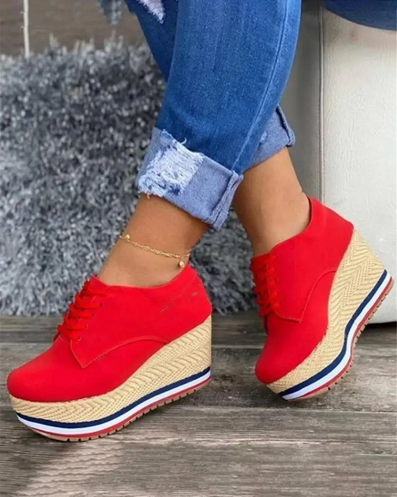 

New Fashion Vulcanize Shoes Women Sneakers Ladies Solid Color Wedge Thick Shoes Round Toe Lace-Up Comfortable Platform Sneakers