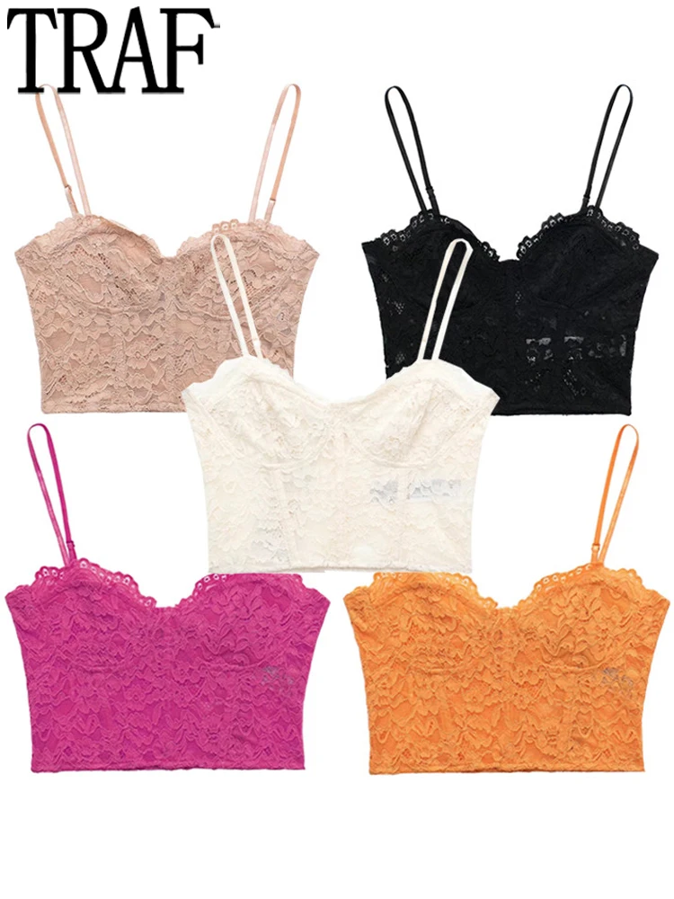 

TRAF 2022 Orange Lace Top Women White Bustier Crop Top Female Summer Backless Corset Tops Women Sexy Beach Semi Sheer Woman Top