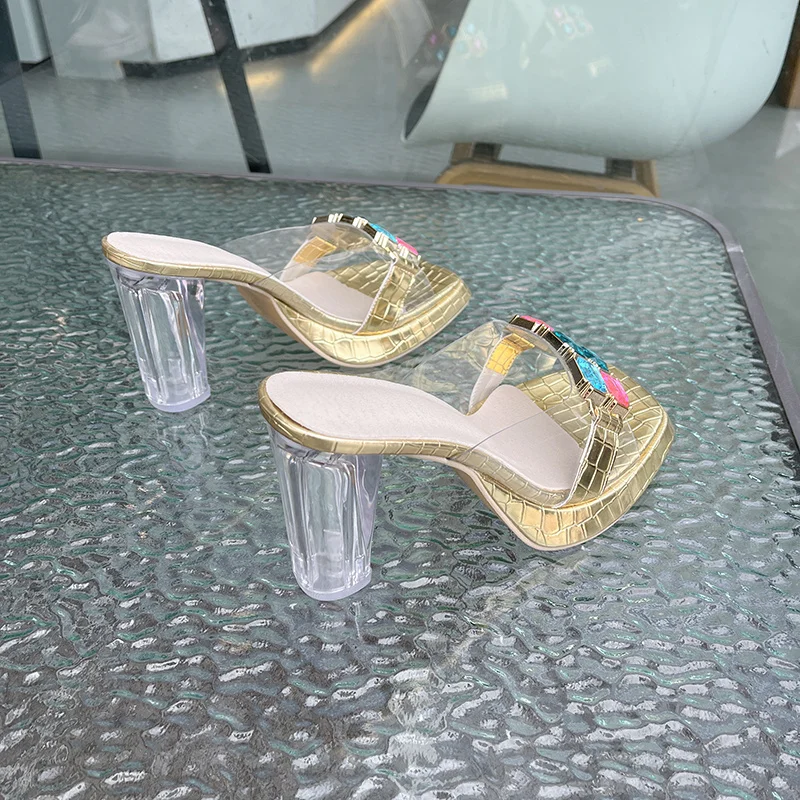 2023 Women's Summer High Heel Slide Mule Lady Cinderella Crystal Diamond Transparent Slippers Sandals Transparent High Heels