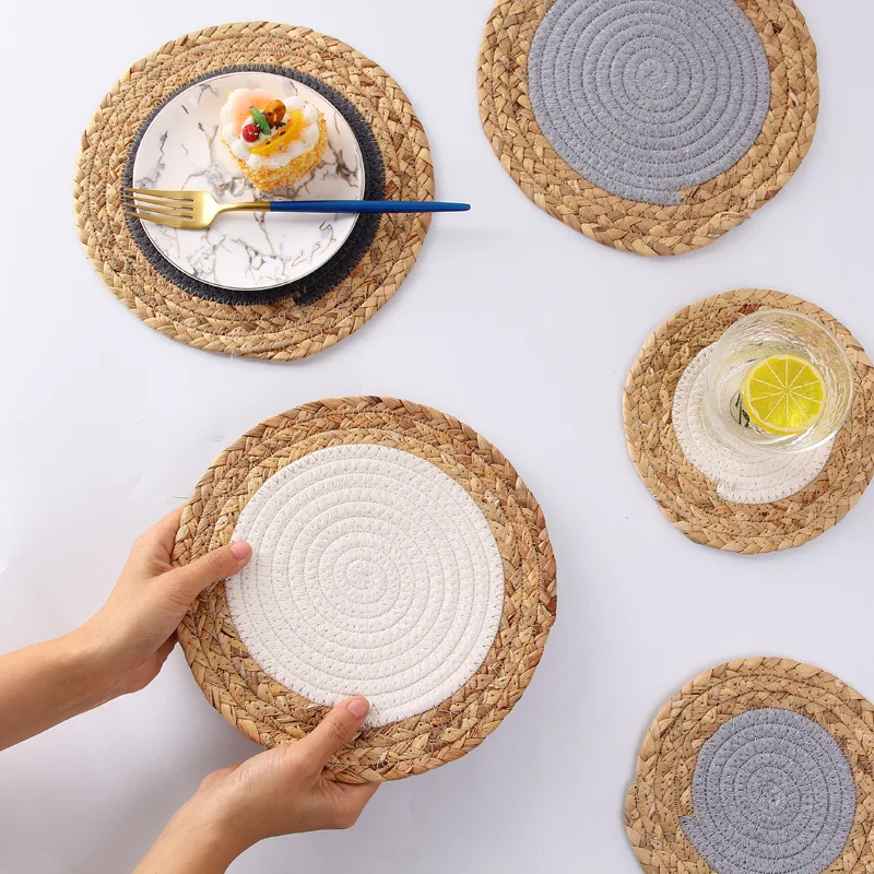

Round Straw Cotton Cord Double Eat Mat Durable Insulation Pad Hand-woven Doily Pan Kitchen Table MAT Decoration Accessories