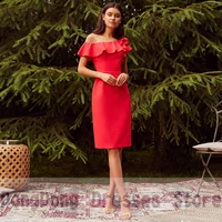 red simple evening dresses draped one shoulder satin sleeveless knee length evening gowns delicate paillette sexy formal dress