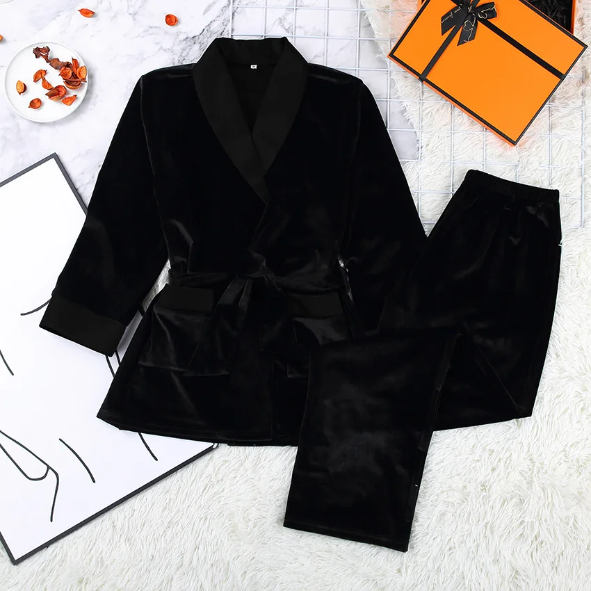 Women Robe Longue 2 Piece Robe Longue Velvet Robes Women Luxury Sleepwear Pajamas Set Pj Set