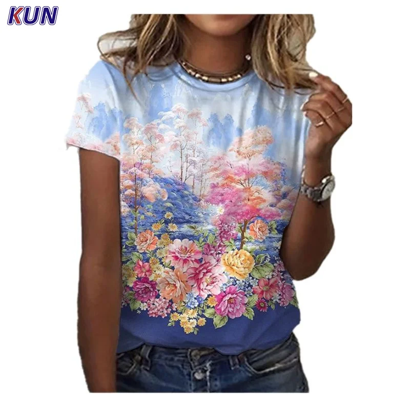 

Women's Round 2022 Summer Fashion Clothing Pattern Floral 3D Print Short Sleeve T-shirt Casual Top Oversized T-shirt