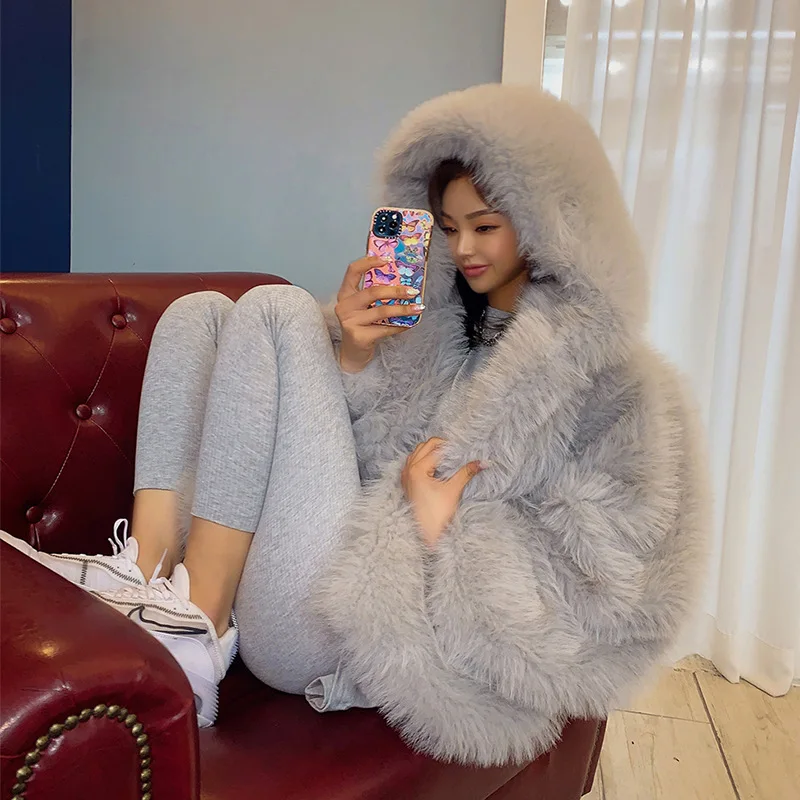 HOUZHOU Faux Fur Coat Women Winter 2022 Luxury Fluffy Coat Korean Hooded Loose Faux Fox Fur Cardigan Overcoat Female High Street