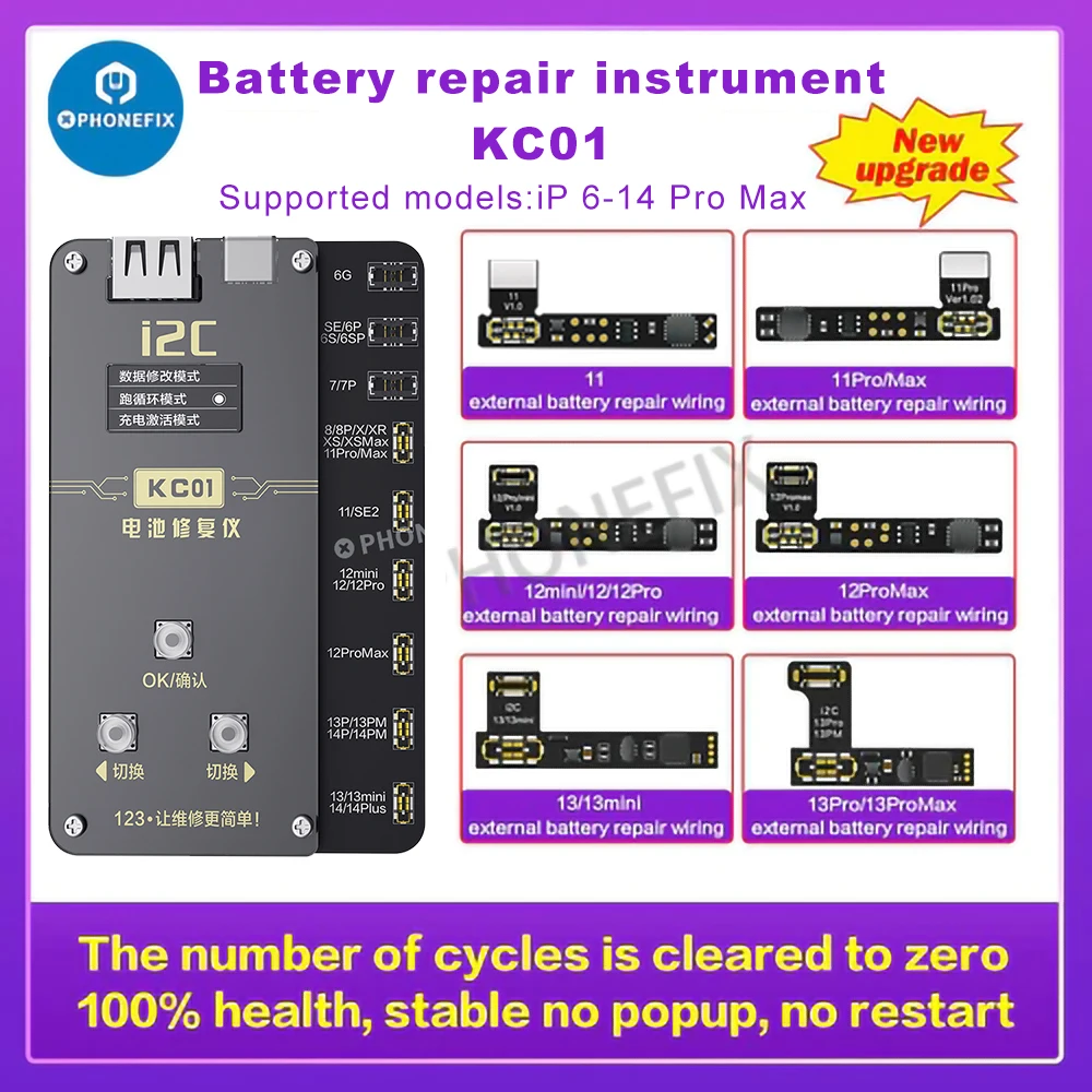 i2C KC01 Battery Flex Cable Repair Programmer For iPhone 11-14 Pro max Battery Replace Erase Non-Genuine Battery Health Warning