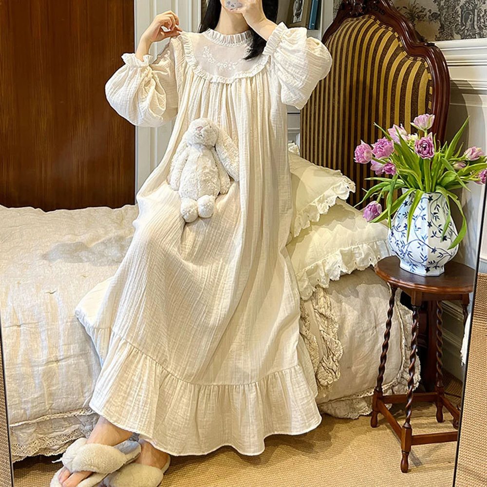 2022 New Women Long Sleeve Vintage Nightgown Retro Cotton Palace Nightdress Classic French Court Princess Lounge Sleepwear Gowns
