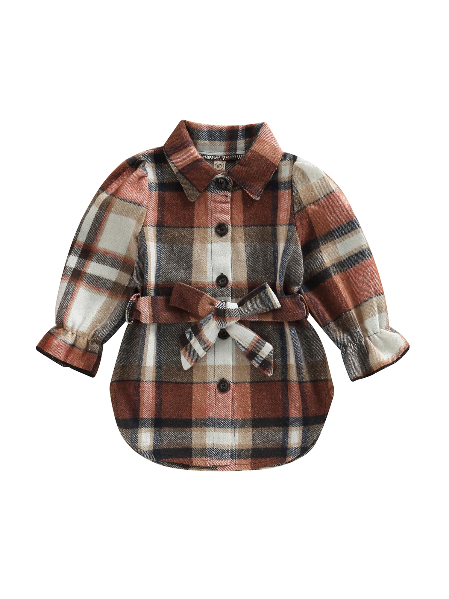 

Toddler Baby Girls Flannel Plaid Flounce Long Sleeve Button Down Shirts Dresses with Belt Fall Winter Outfits