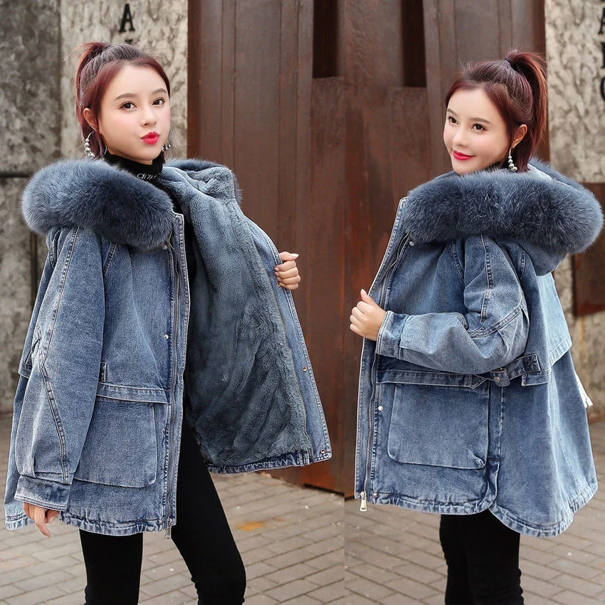 2022 Winter New Lamb Wool Medium Long Loose Hodded Jeans Coat Plush Thicken Denim Cotton Jacket Women's Casual Vintage Outerwear