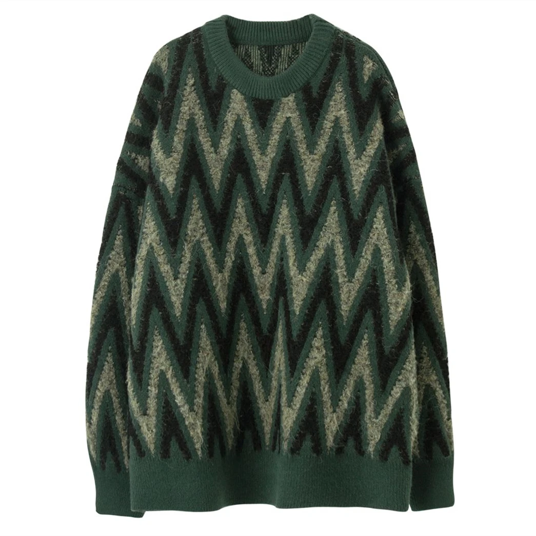 Mixed Dark Green Zigzag Striped Vintage Sweaters O-neck Loose Oversized Pullover Thicken Winter Clothes Korean Style Couples Top images - 6