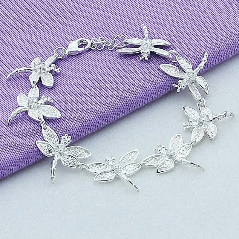 

925 Sterling Silver Fashion Trendy Dragonfly Charm Animal Shape Bracelet Chain