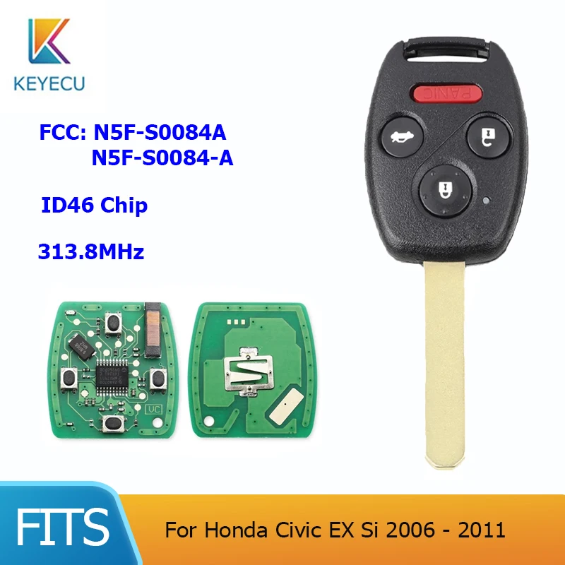 

KEYECU for Honda Civic EX Si 2006 2007 2008 2009 2010 2011 FCC:N5F-S0084A/N5F-S0084-A Remote Car Key 313.8Mhz ID46 (7961)